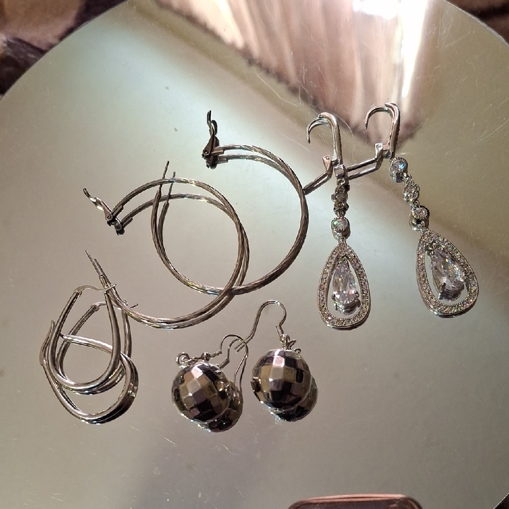 Silver Earrings 4 Pairs Jewelry